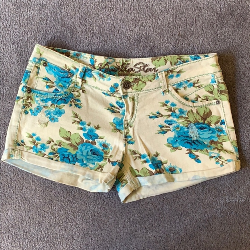 Floral Distressed Stretch Denim Shorts